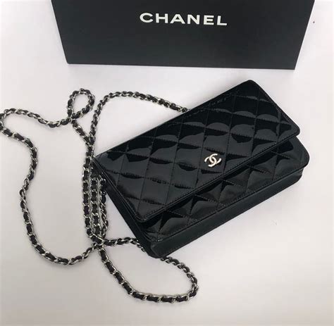 chanel black patent leather wallet.and chain|chanel woc on chain.